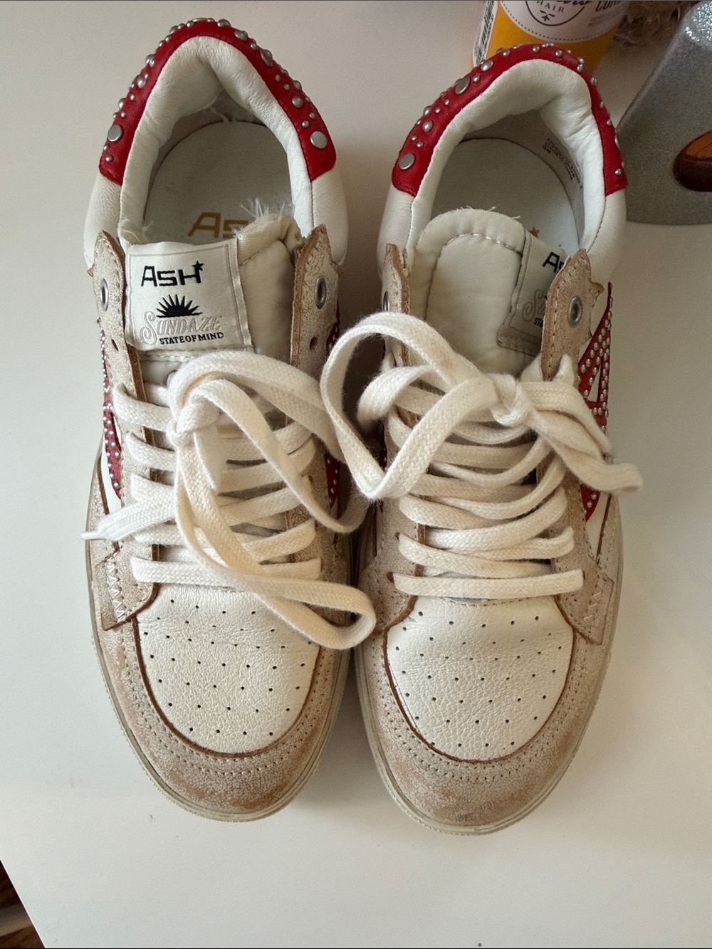 ASH White and Red Studded Low-Top Sneakers